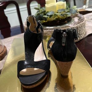 Alex Marie Floral Black Sparkle Cork Wedge 7.5